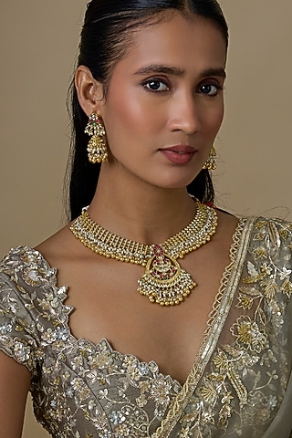 Gold Finish Kundan Polki & Ruby Stone Handcrafted Choker Necklace Set by Aryah Jewels