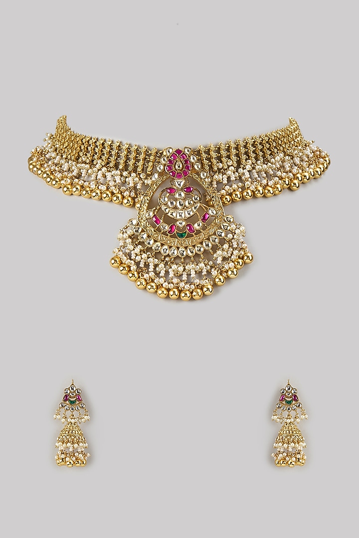 Gold Finish Kundan Polki & Ruby Stone Handcrafted Choker Necklace Set by Aryah Jewels at Pernia's Pop Up Shop