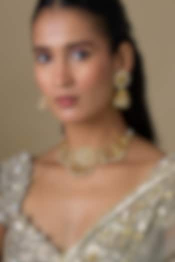 Gold Finish Kundan Polki & Emerald Stone Handcrafted Choker Necklace Set by Aryah Jewels at Pernia's Pop Up Shop