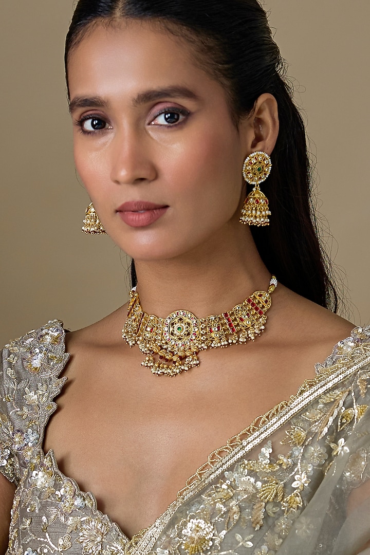 Gold Finish Kundan Polki & Emerald Stone Handcrafted Choker Necklace Set by Aryah Jewels at Pernia's Pop Up Shop