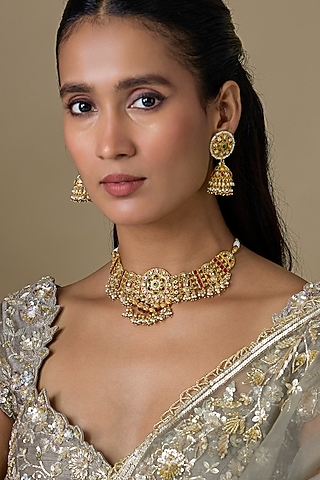 Gold Finish Kundan Polki & Emerald Stone Handcrafted Choker Necklace Set by Aryah Jewels