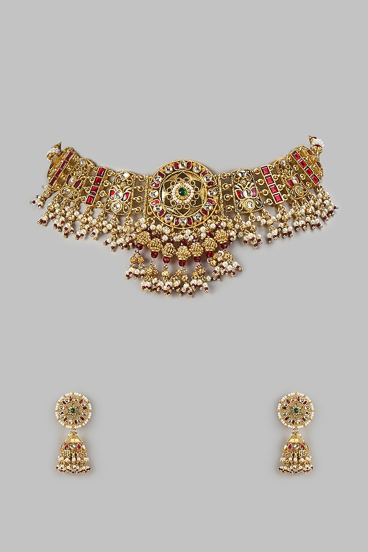 Gold Finish Kundan Polki & Emerald Stone Handcrafted Choker Necklace Set by Aryah Jewels at Pernia's Pop Up Shop