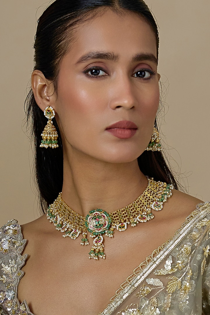 Gold Finish Kundan Polki & Emerald Stone Handcrafted Choker Necklace Set by Aryah Jewels at Pernia's Pop Up Shop