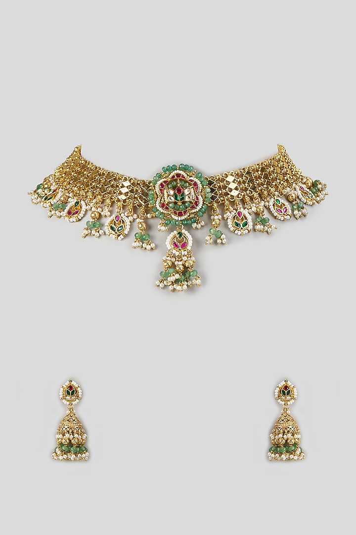 Gold Finish Kundan Polki & Emerald Stone Handcrafted Choker Necklace Set by Aryah Jewels at Pernia's Pop Up Shop