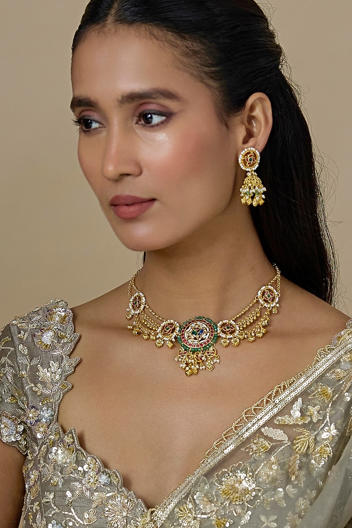 Gold Finish Kundan Polki & Emerald Stone Handcrafted Choker Necklace Set by Aryah Jewels at Pernia's Pop Up Shop