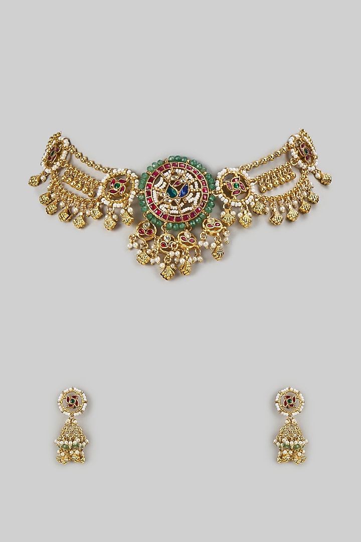 Gold Finish Kundan Polki & Emerald Stone Handcrafted Choker Necklace Set by Aryah Jewels at Pernia's Pop Up Shop