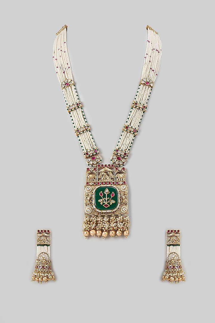 Gold Finish Emerald Stone & Uncut Zircon Long Pendant Necklace Set by Aryah Jewels at Pernia's Pop Up Shop