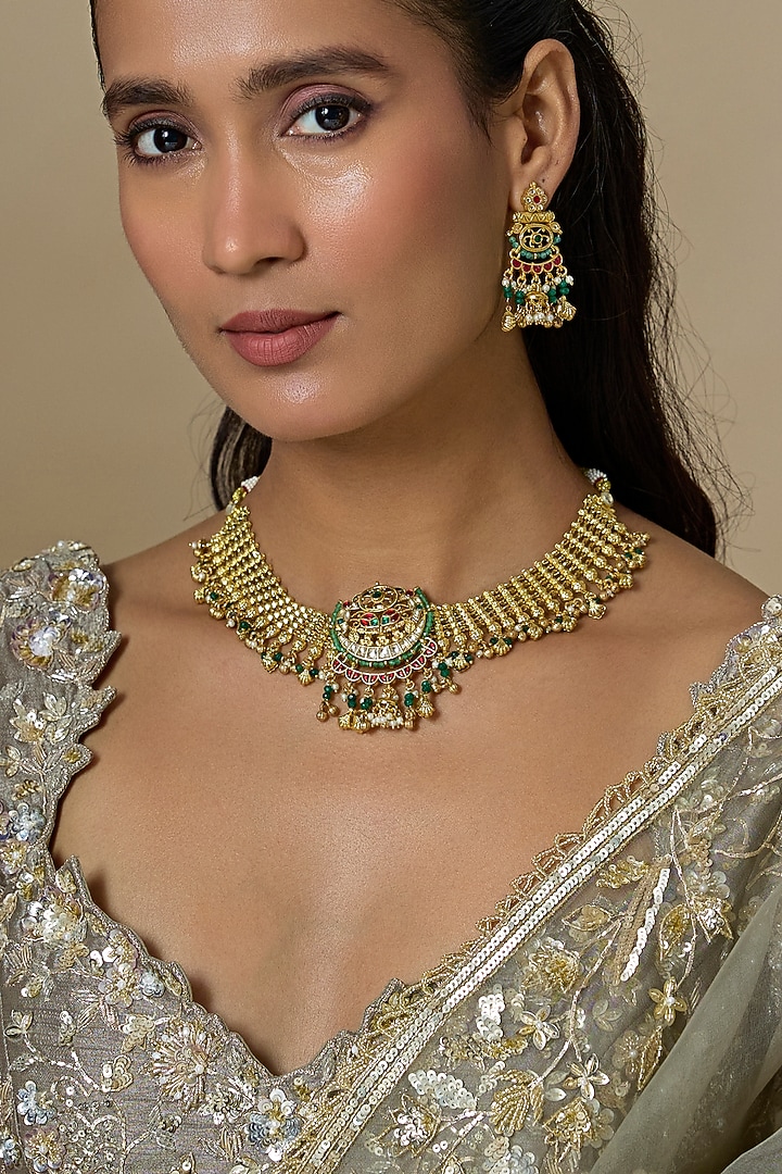 Gold Finish Emerald Stone & Uncut Zircon Handcrafted Necklace Set by Aryah Jewels at Pernia's Pop Up Shop