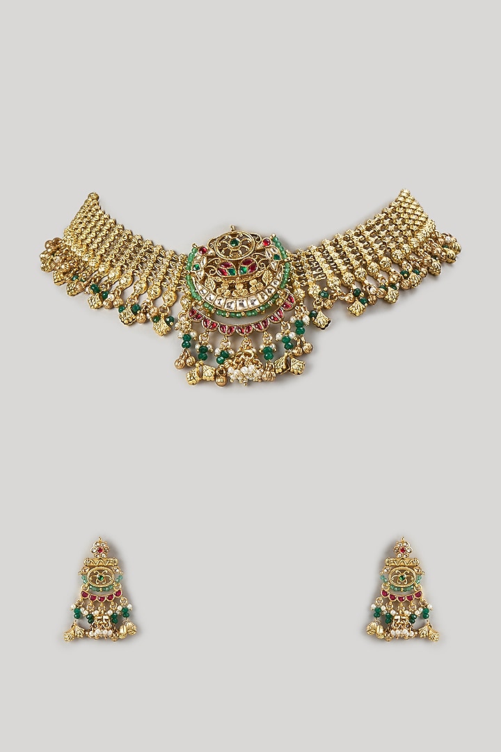 Gold Finish Emerald Stone & Uncut Zircon Handcrafted Necklace Set by Aryah Jewels at Pernia's Pop Up Shop
