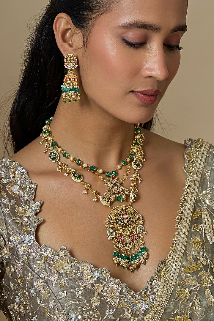 Gold Finish Emerald Stone & Kundan Polki Long Pendant Necklace Set by Aryah Jewels at Pernia's Pop Up Shop