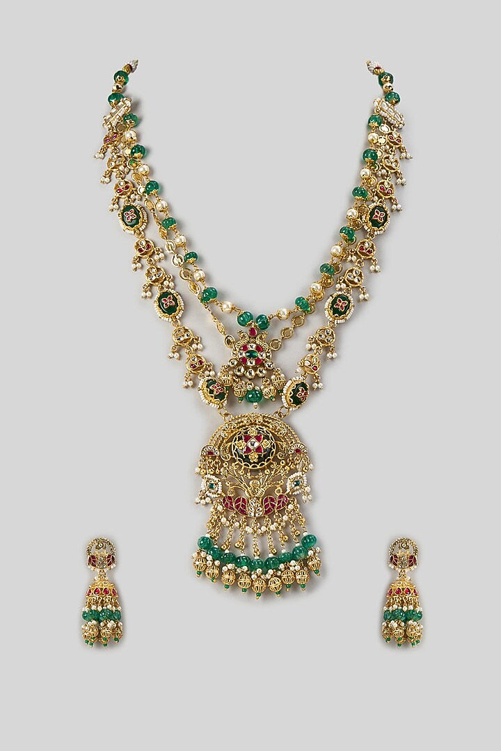 Gold Finish Emerald Stone & Kundan Polki Long Pendant Necklace Set by Aryah Jewels at Pernia's Pop Up Shop