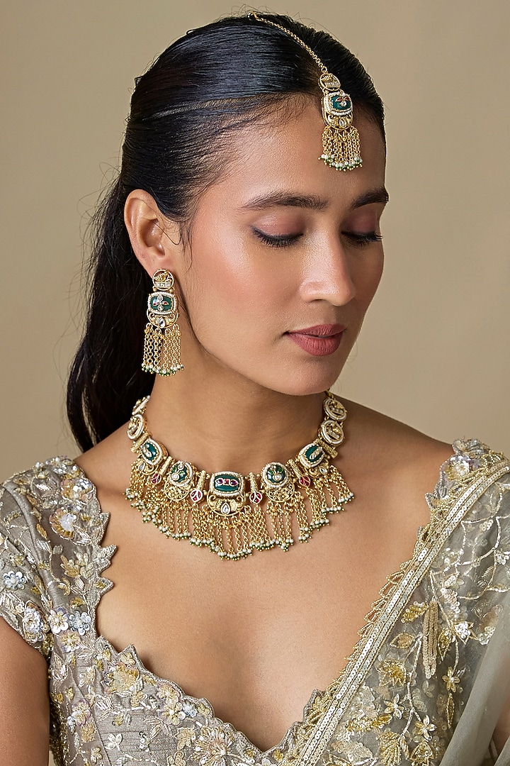 Gold Finish Kundan Polki & Emerald Stone Choker Necklace Set by Aryah Jewels at Pernia's Pop Up Shop