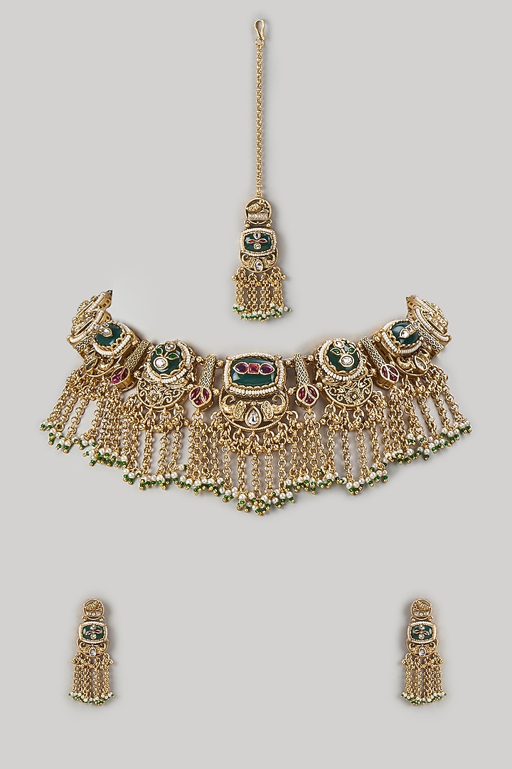 Gold Finish Kundan Polki & Emerald Stone Choker Necklace Set by Aryah Jewels at Pernia's Pop Up Shop