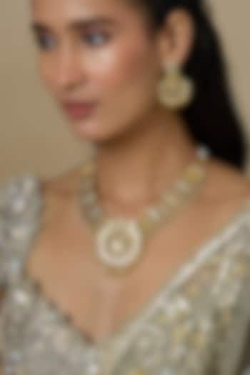 Gold Finish Kundan Polki & Ruby Stone Temple Necklace Set by Aryah Jewels at Pernia's Pop Up Shop