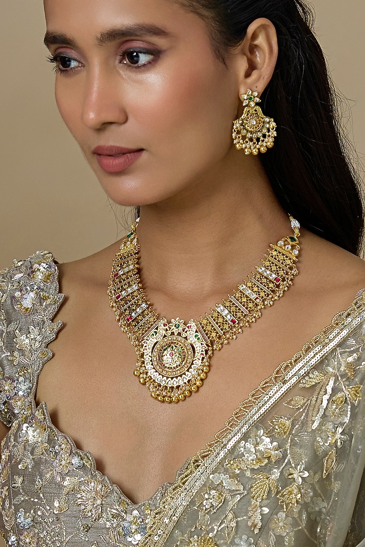 Gold Finish Kundan Polki & Ruby Stone Temple Necklace Set by Aryah Jewels at Pernia's Pop Up Shop