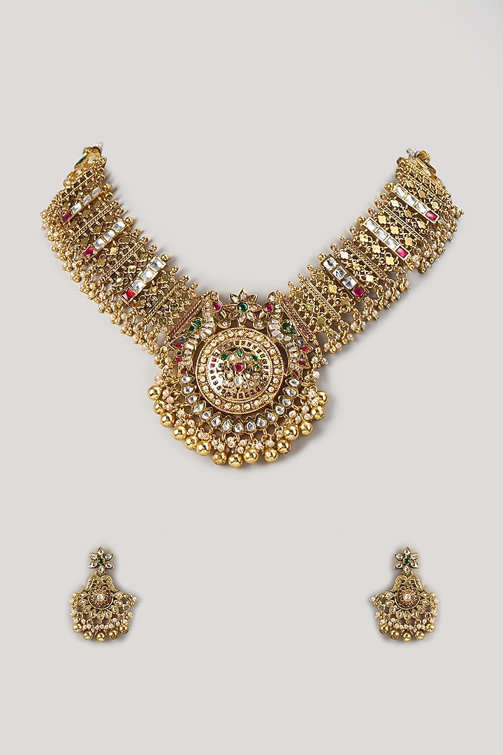 Gold Finish Kundan Polki & Ruby Stone Temple Necklace Set by Aryah Jewels at Pernia's Pop Up Shop