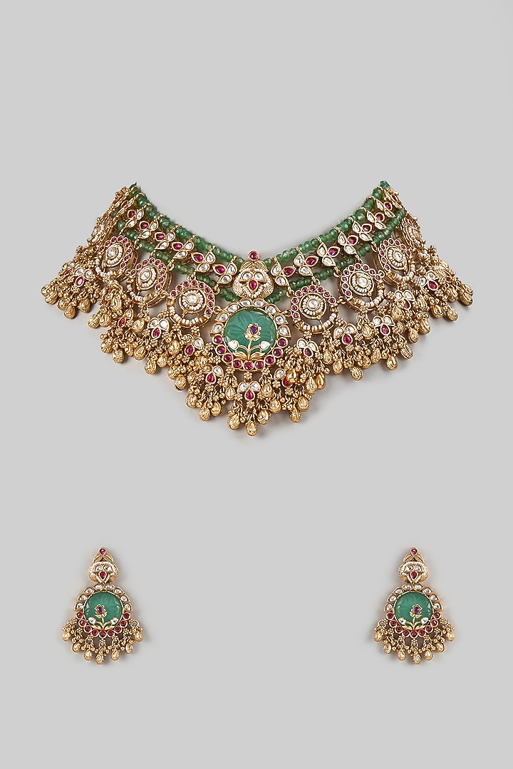 Gold Finish Kundan Polki & Emerald Stone Necklace Set by Aryah Jewels at Pernia's Pop Up Shop