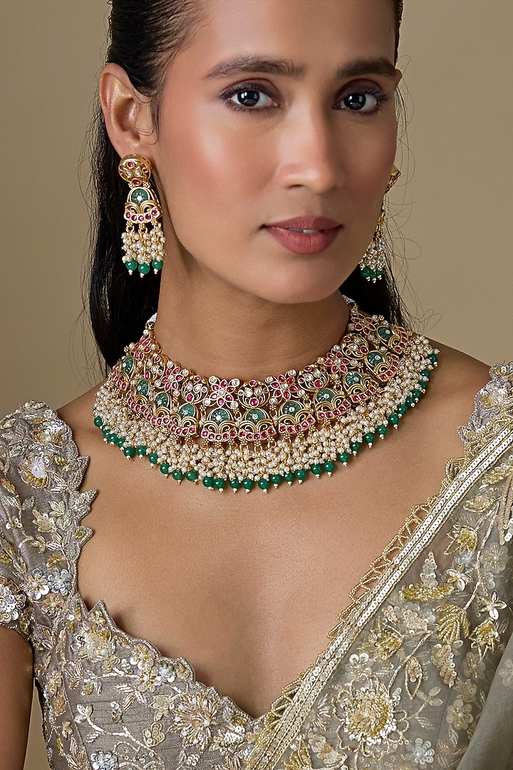 Gold Finish Kundan Polki & Emerald Stone Necklace Set by Aryah Jewels at Pernia's Pop Up Shop