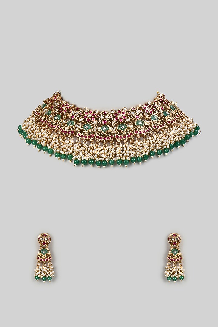 Gold Finish Kundan Polki & Emerald Stone Necklace Set by Aryah Jewels at Pernia's Pop Up Shop