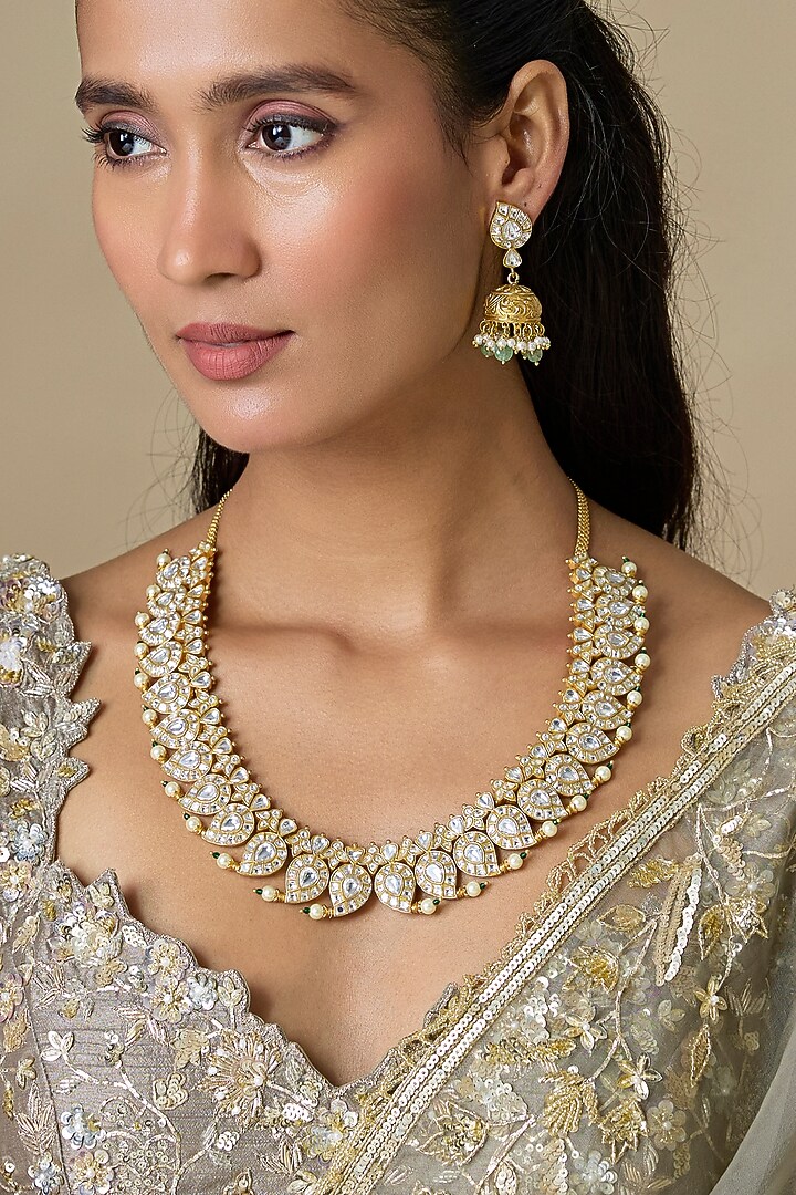 Gold Finish Kundan Polki Necklace Set by Aryah Jewels at Pernia's Pop Up Shop