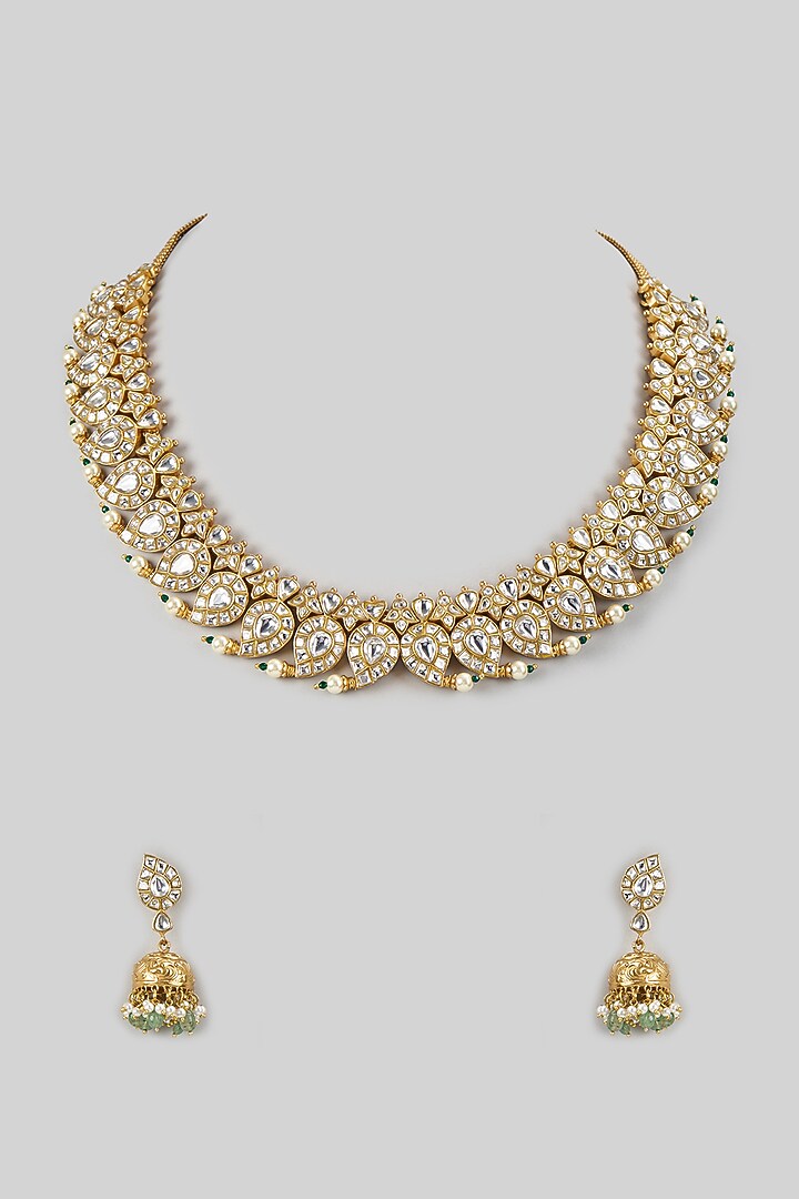 Gold Finish Kundan Polki Necklace Set by Aryah Jewels at Pernia's Pop Up Shop
