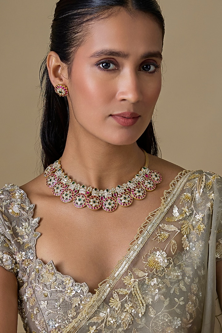 Gold Finish Kundan Polki & Ruby Stone Choker Necklace Set by Aryah Jewels at Pernia's Pop Up Shop