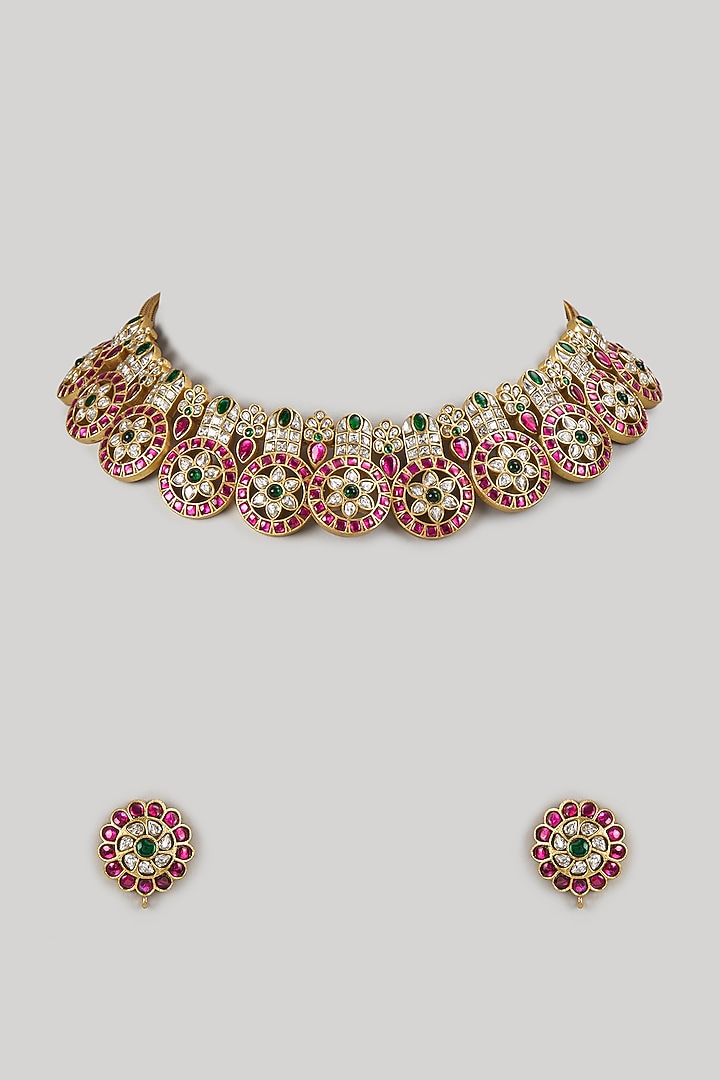 Gold Finish Kundan Polki & Ruby Stone Choker Necklace Set by Aryah Jewels at Pernia's Pop Up Shop