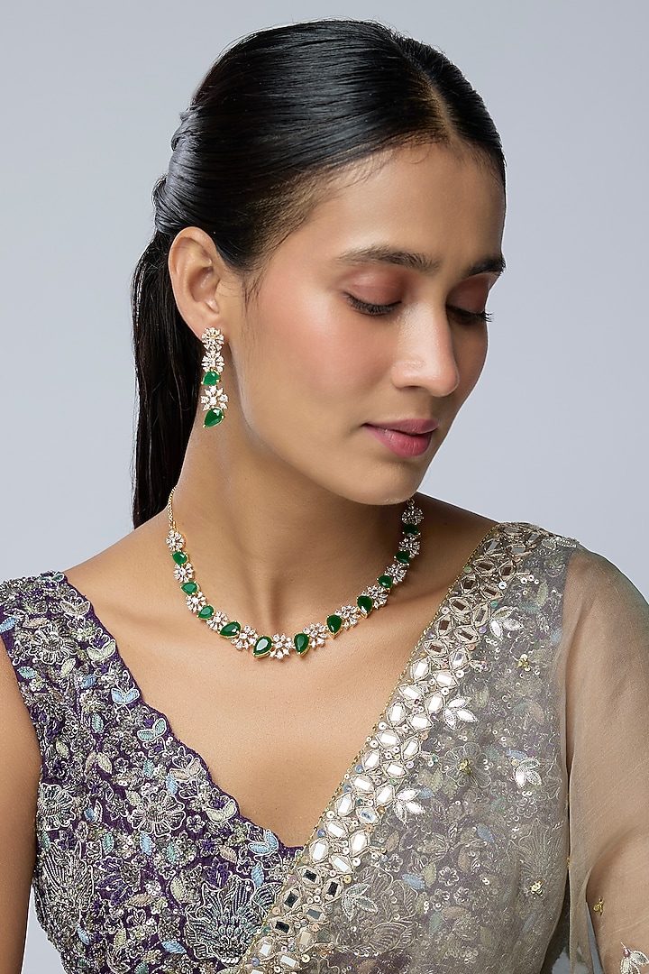 Two-Tone Finish Zircon & Emerald Stone Choker Necklace Set by Aryah Jewels at Pernia's Pop Up Shop