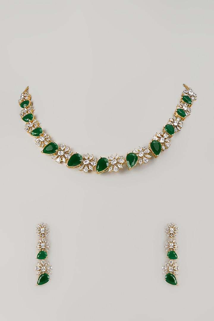 Two-Tone Finish Zircon & Emerald Stone Choker Necklace Set by Aryah Jewels at Pernia's Pop Up Shop