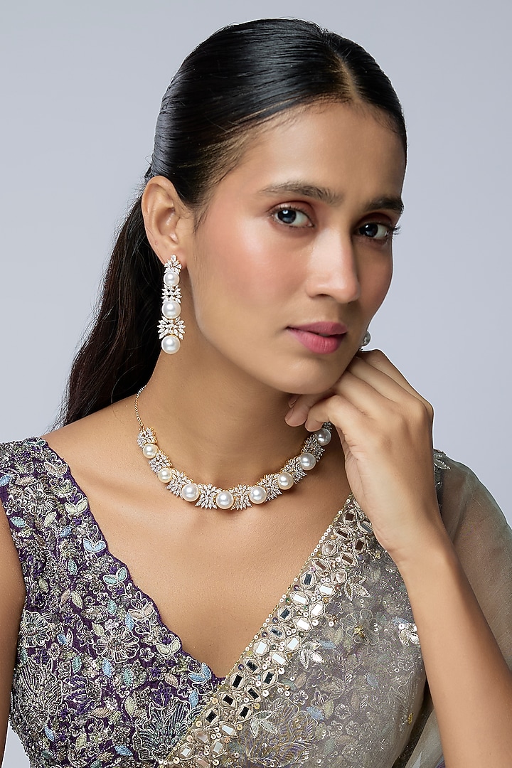 Two-Tone Finish Zircon & Pearl Choker Necklace Set by Aryah Jewels at Pernia's Pop Up Shop