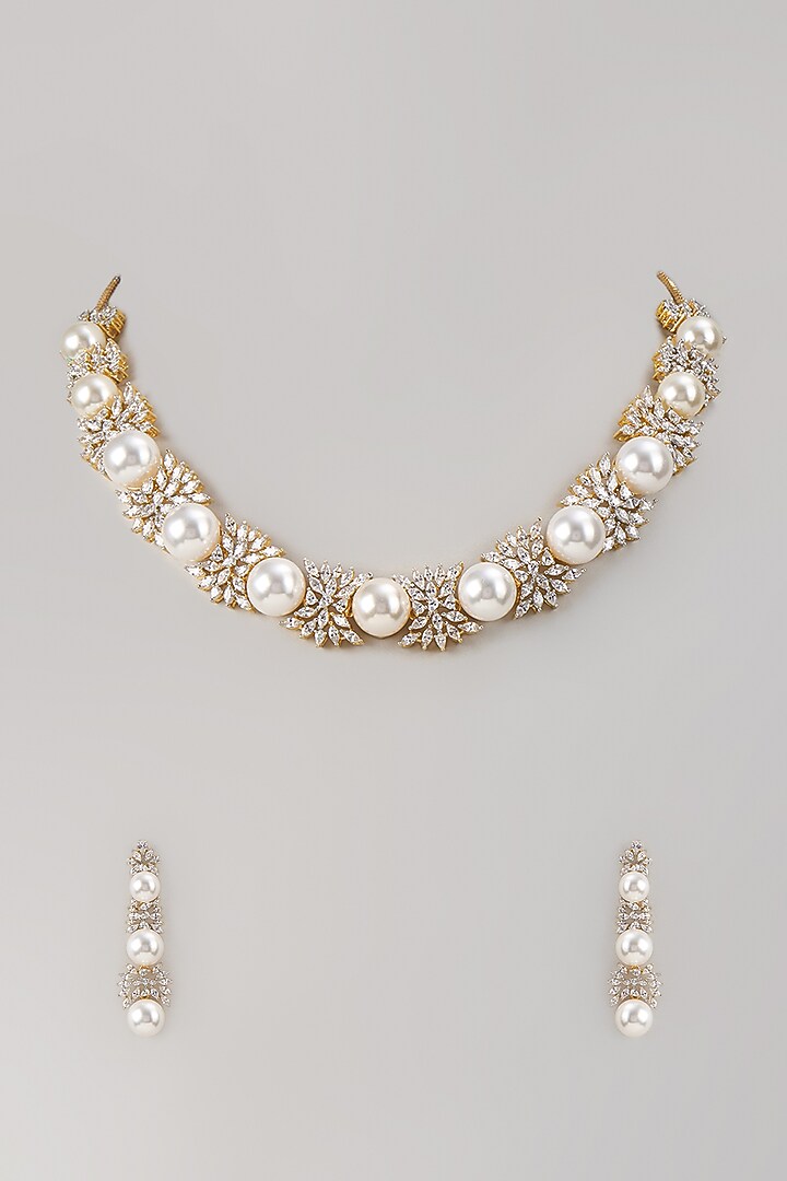 Two-Tone Finish Zircon & Pearl Choker Necklace Set by Aryah Jewels at Pernia's Pop Up Shop