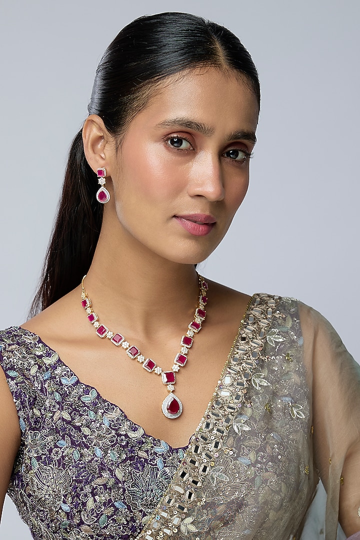 Two-Tone Finish Zircon & Ruby Stone Necklace Set by Aryah Jewels at Pernia's Pop Up Shop