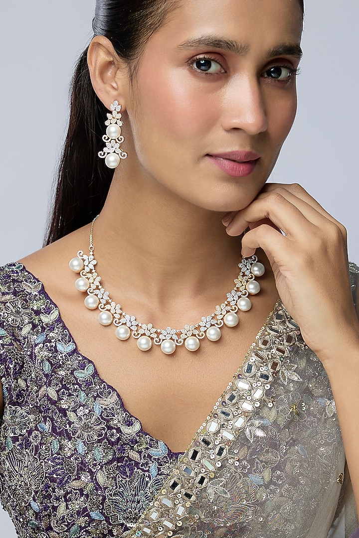 Two-Tone Finish Zircon & Pearl Necklace Set by Aryah Jewels at Pernia's Pop Up Shop