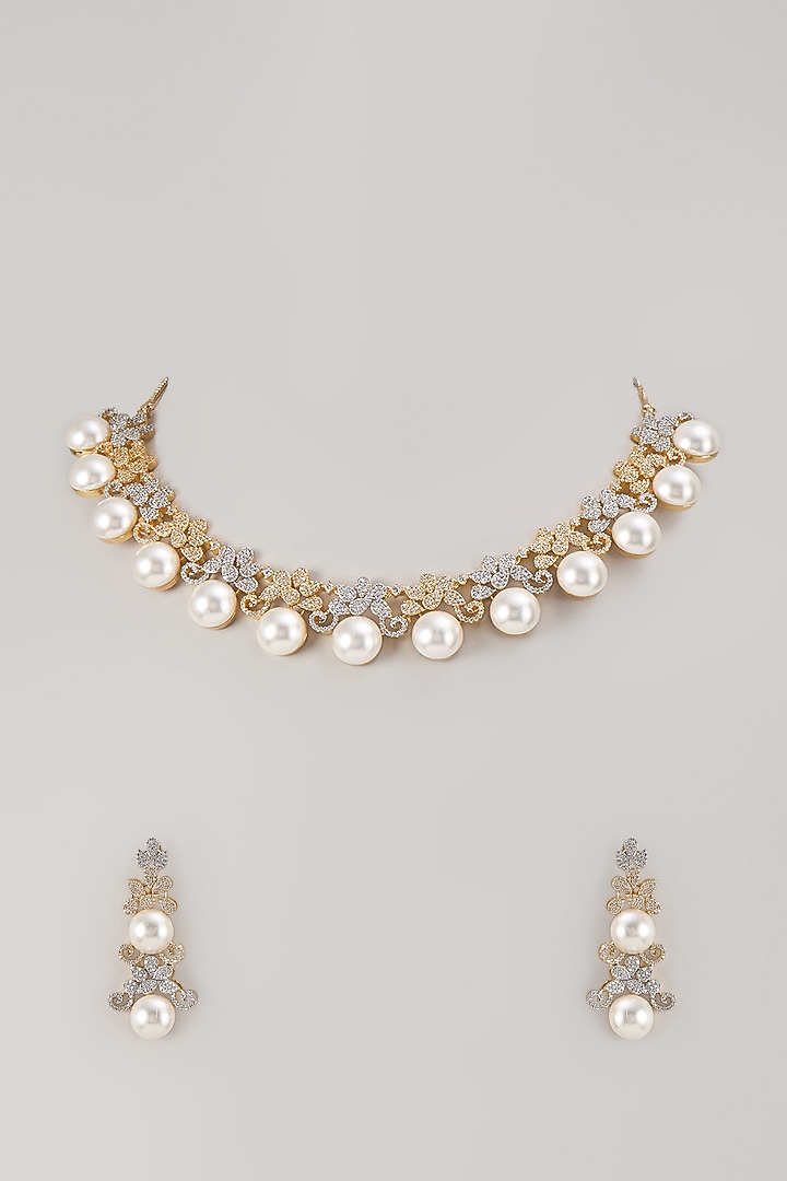 Two-Tone Finish Zircon & Pearl Necklace Set by Aryah Jewels at Pernia's Pop Up Shop