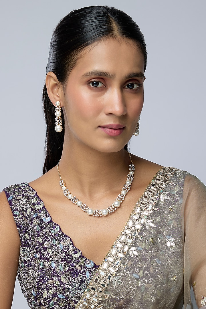 Two-Tone Finish Zircon & Pearl Necklace Set by Aryah Jewels at Pernia's Pop Up Shop