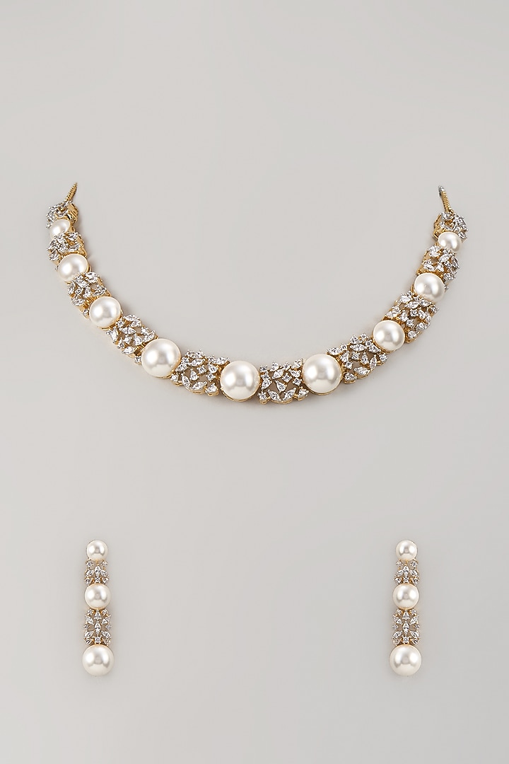 Two-Tone Finish Zircon & Pearl Necklace Set by Aryah Jewels at Pernia's Pop Up Shop