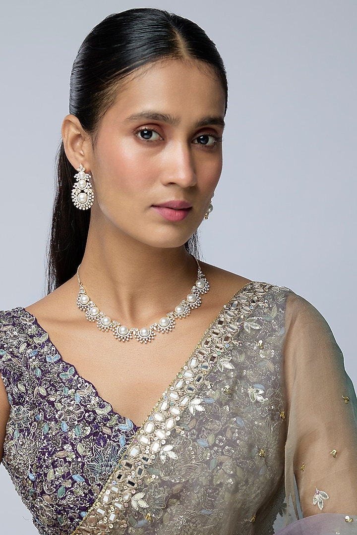 Two-Tone Finish Zircon & Pearl Choker Necklace Set by Aryah Jewels at Pernia's Pop Up Shop