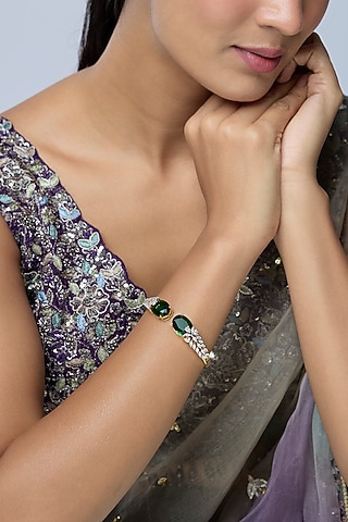 White Finish Zircon & Emerald Stone Kada by Aryah Jewels