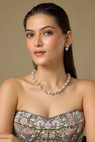 White Finish Swarovski Zircon & Pearl Necklace Set In Sterling Silver by Aryah Jewels