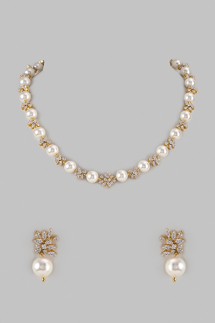 White Finish Swarovski Zircon & Pearl Necklace Set In Sterling Silver by Aryah Jewels at Pernia's Pop Up Shop