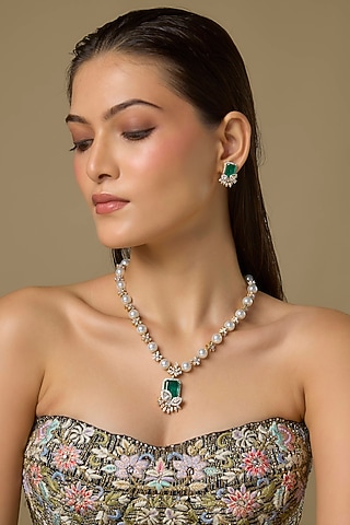 Two Tone Finish Emerald & Swarovski Zircon Necklace Set In Sterling Silver by Aryah Jewels