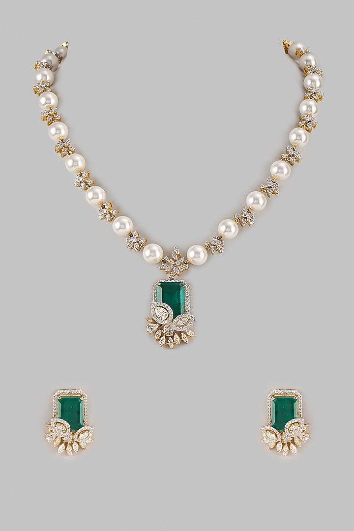 Two Tone Finish Emerald & Swarovski Zircon Necklace Set In Sterling Silver by Aryah Jewels at Pernia's Pop Up Shop