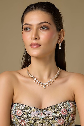 Two Tone Finish Swarovski Zircon Necklace Set In Sterling Silver by Aryah Jewels