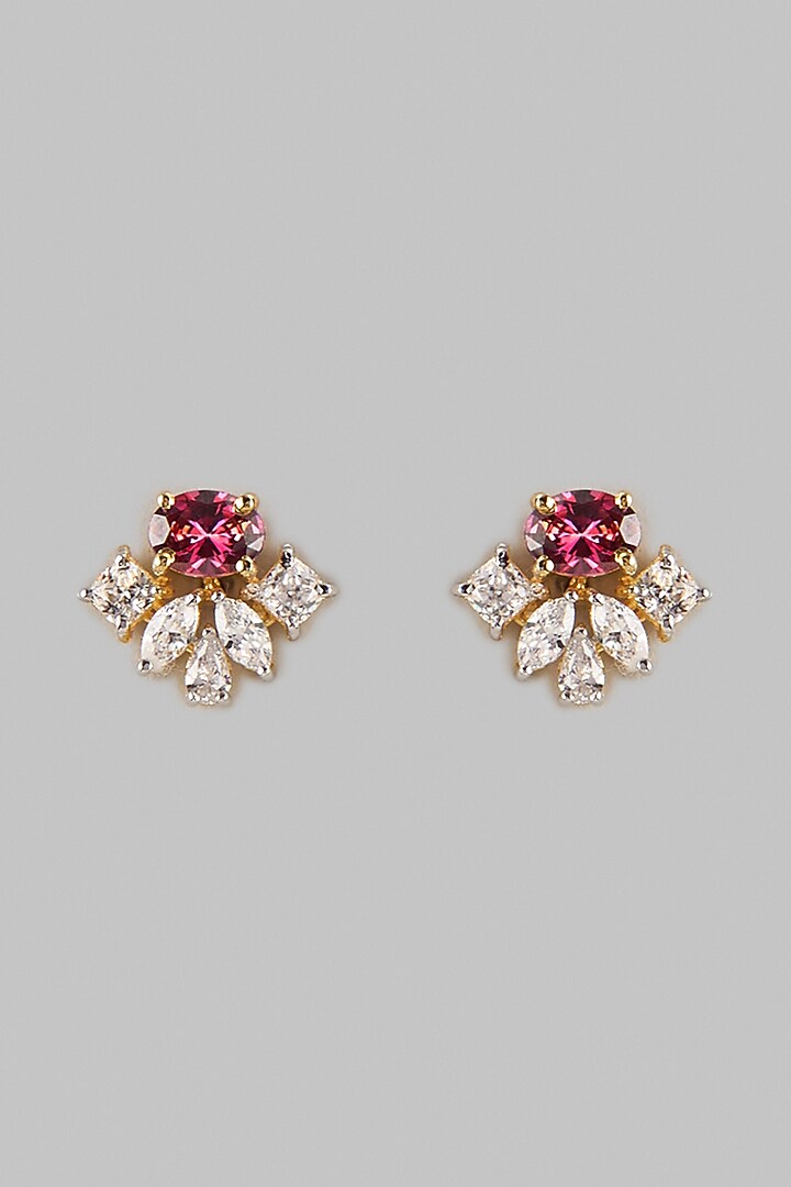Two Tone Finish Swarovski Zircon & Ruby Stud Earrings In Sterling Silver by Aryah Jewels at Pernia's Pop Up Shop