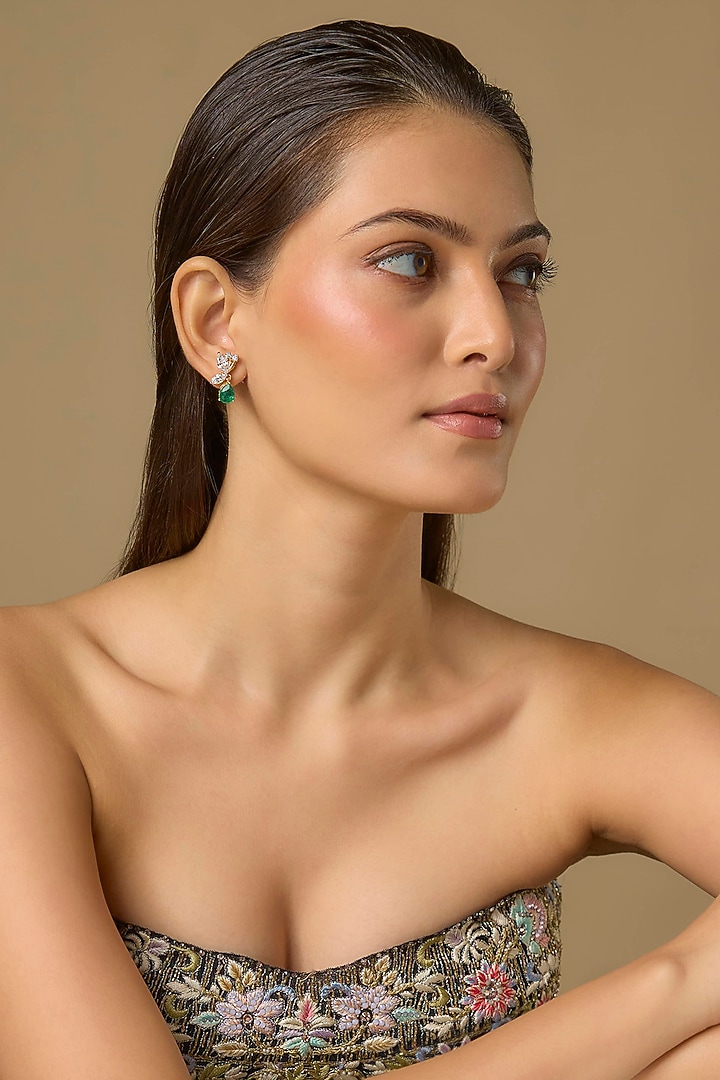 Two Tone Finish Swarovski Zircon & Emerald Stud Earrings In Sterling Silver by Aryah Jewels at Pernia's Pop Up Shop