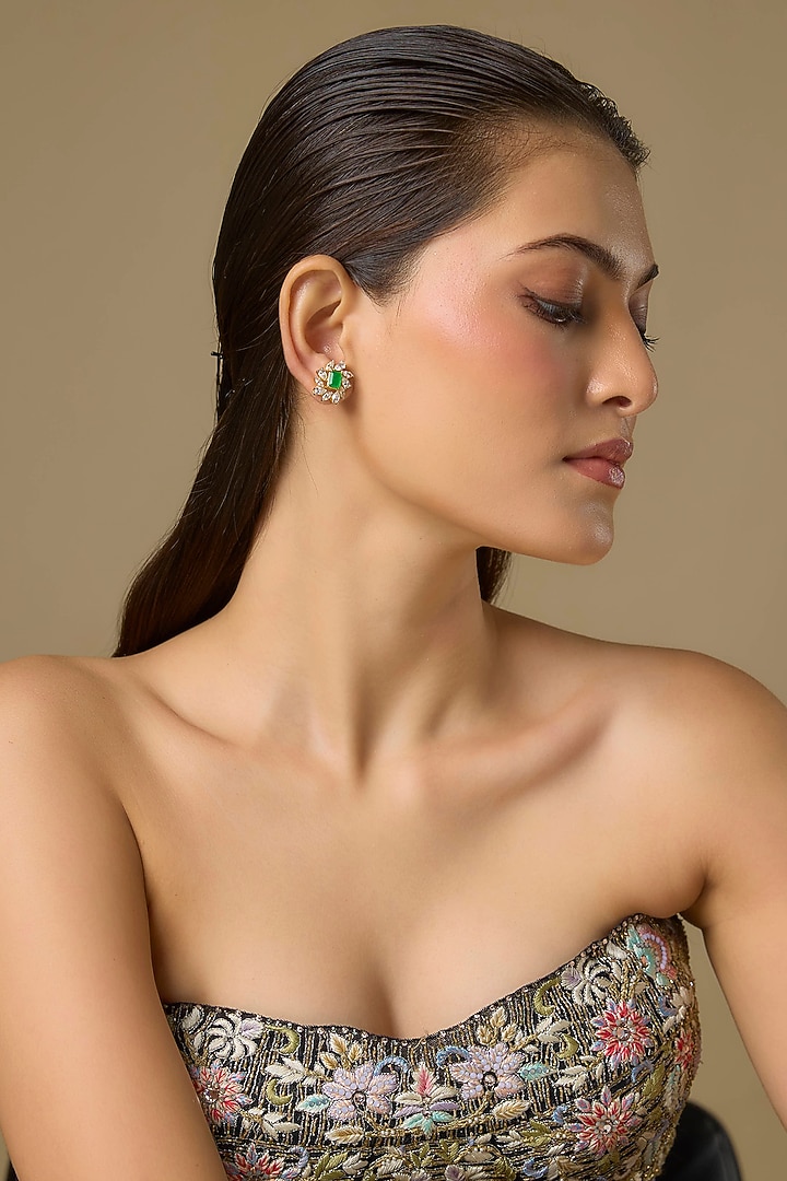 Two Tone Finish Swarovski Zircon & Emerald Dangler Earrings In Sterling Silver by Aryah Jewels at Pernia's Pop Up Shop