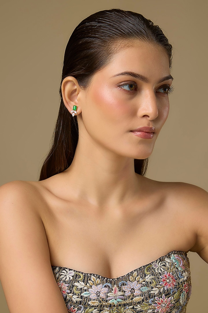 Two Tone Finish Swarovski Zircon & Emerald Stud Earrings In Sterling Silver by Aryah Jewels at Pernia's Pop Up Shop