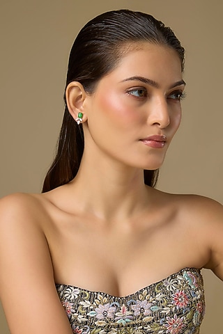 Two Tone Finish Swarovski Zircon & Emerald Stud Earrings In Sterling Silver by Aryah Jewels