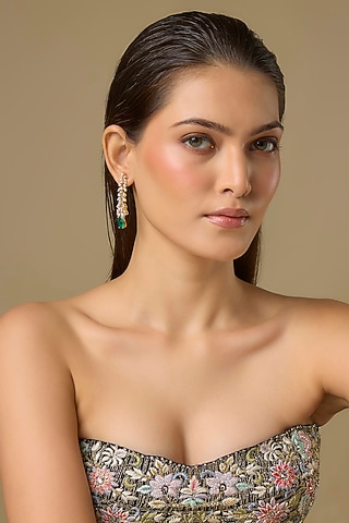 Two Tone Finish Swarovski Zircon & Emerald Dangler Earrings In Sterling Silver by Aryah Jewels