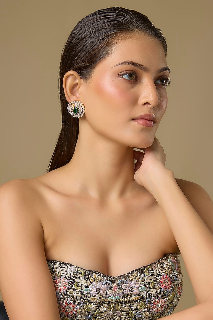 Two Tone Finish Swarovski Zircon & Emerald Stud Earrings In Sterling Silver by Aryah Jewels at Pernia's Pop Up Shop